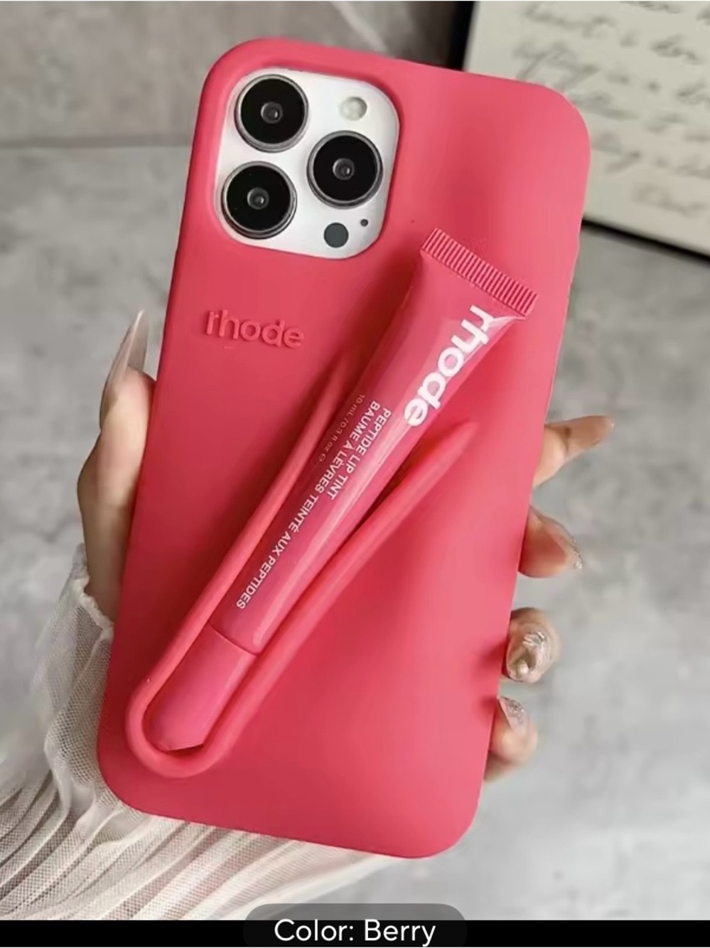 Rhode lip case iPhone 13 phone case in Berry with lip gloss included